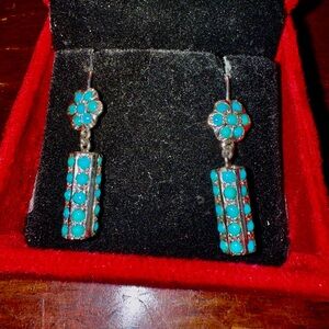 Turquoise and Silver Floral Drop Earrings
